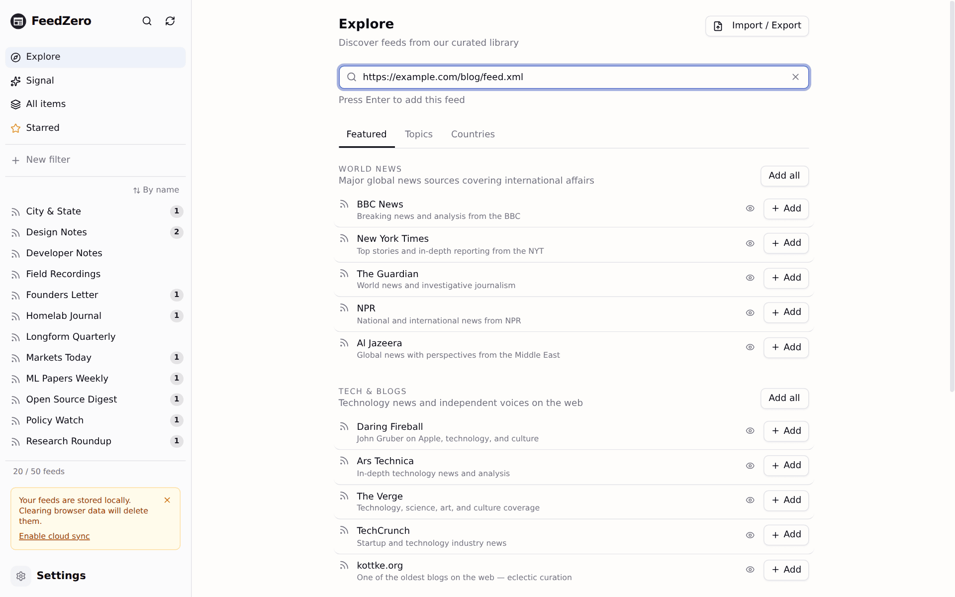 Pasting a feed URL into the Explore search field.