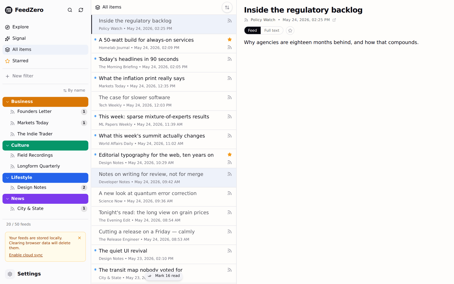 Sidebar after auto-organize, feeds grouped under colour-coded Business, Culture, Lifestyle, News folders.