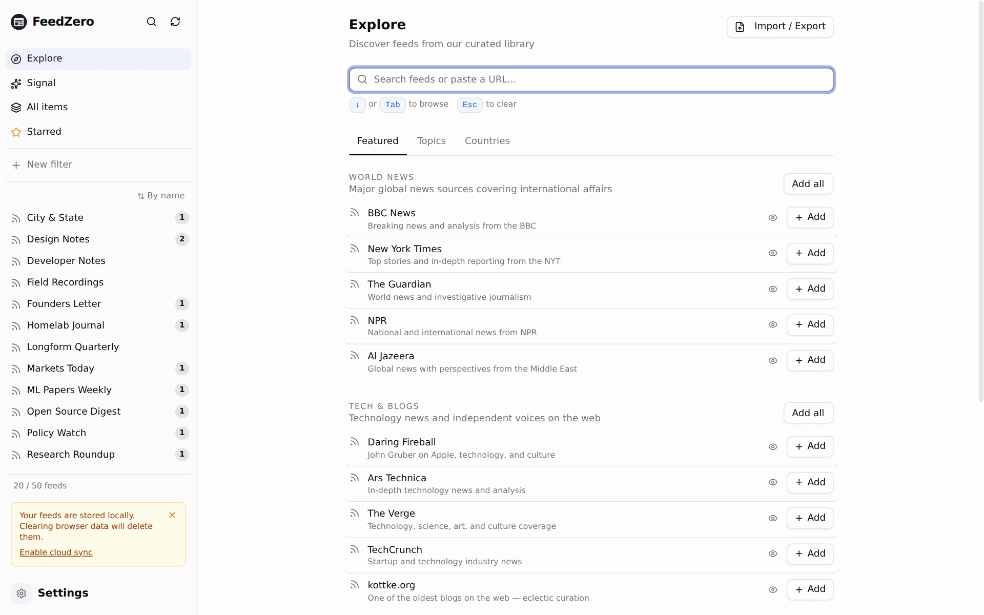 Explore Featured tab with the curated catalog and per-row Add buttons.