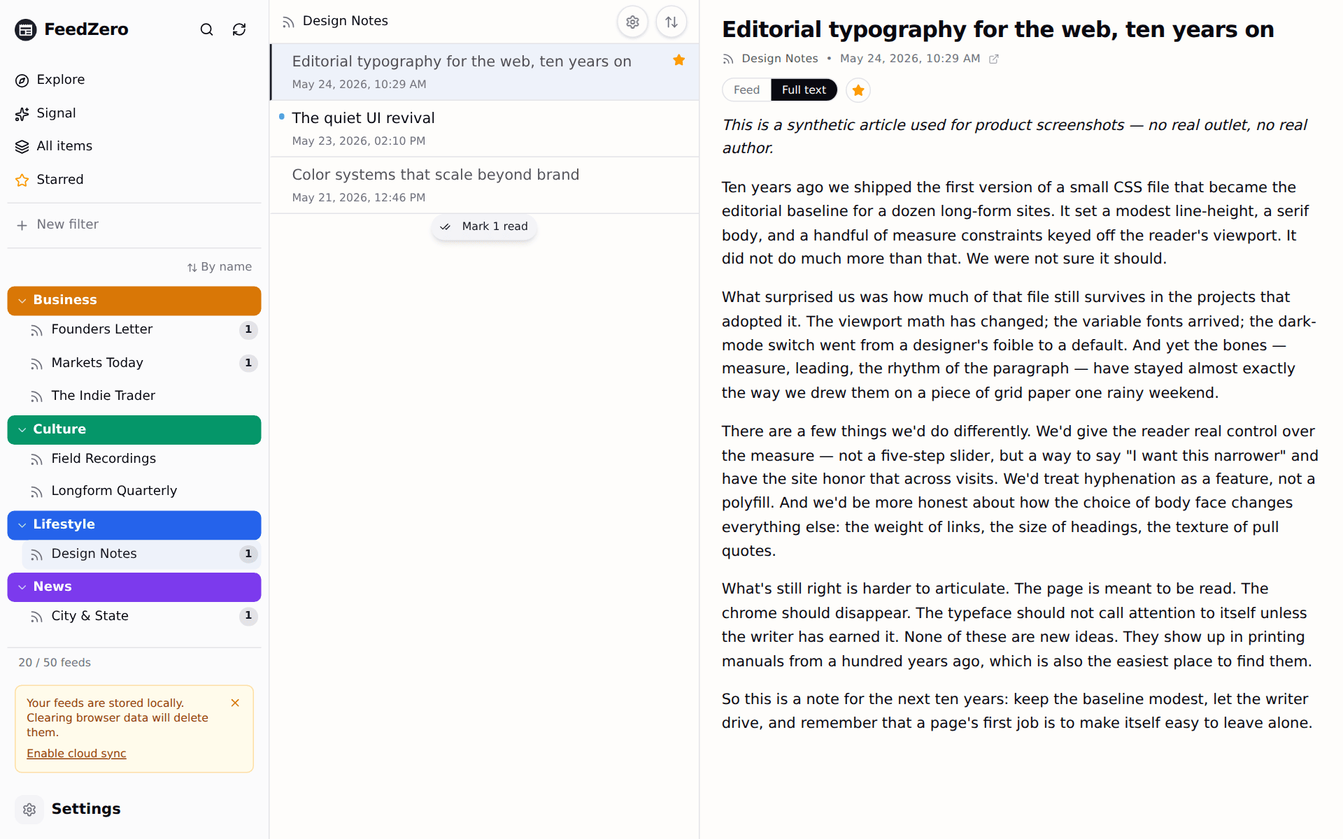 Reader pane in Full text mode rendering an extracted article body.