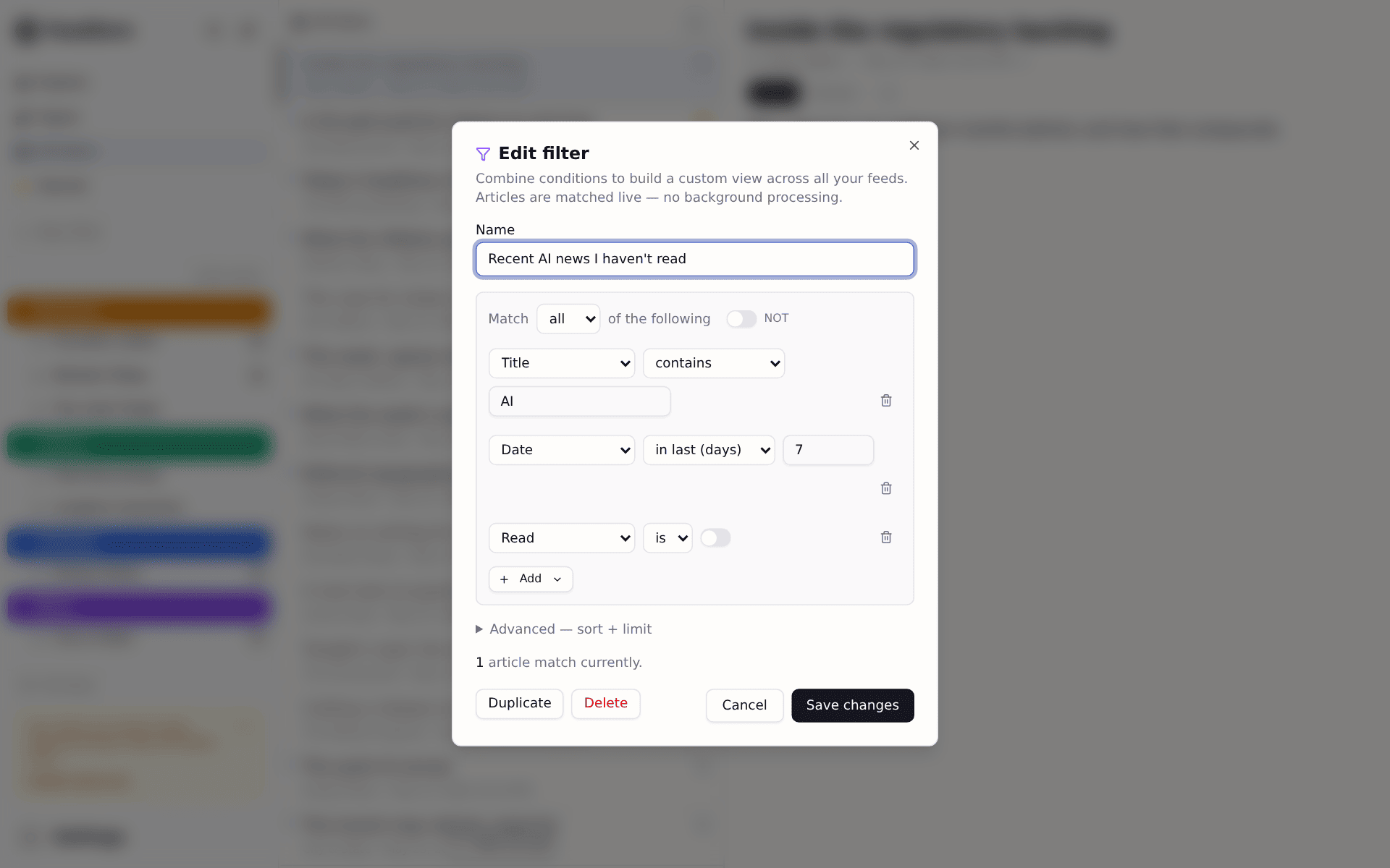 Smart-filter editor with three stacked conditions and a live match count.