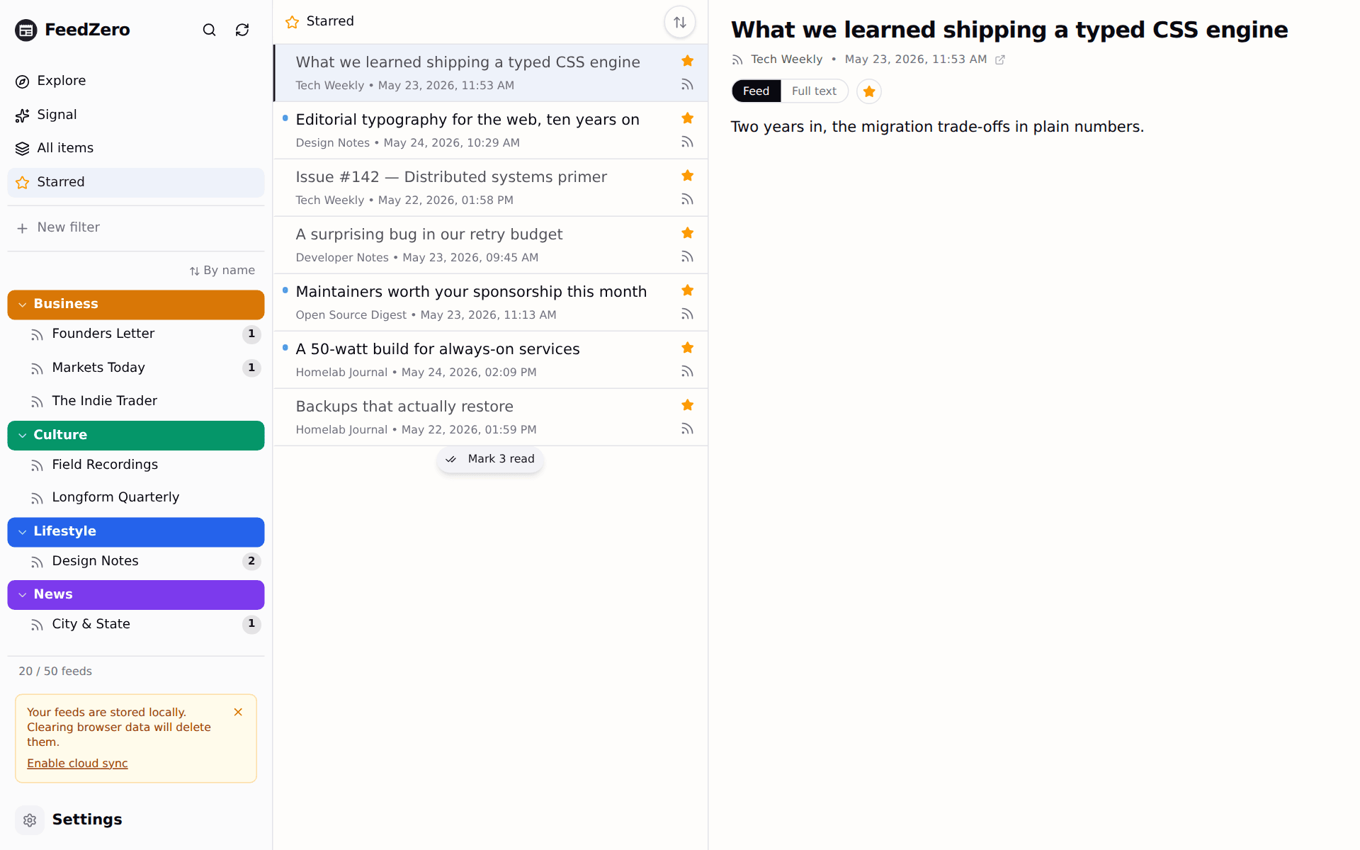 Starred view with a list of starred articles, each with a filled gold star.