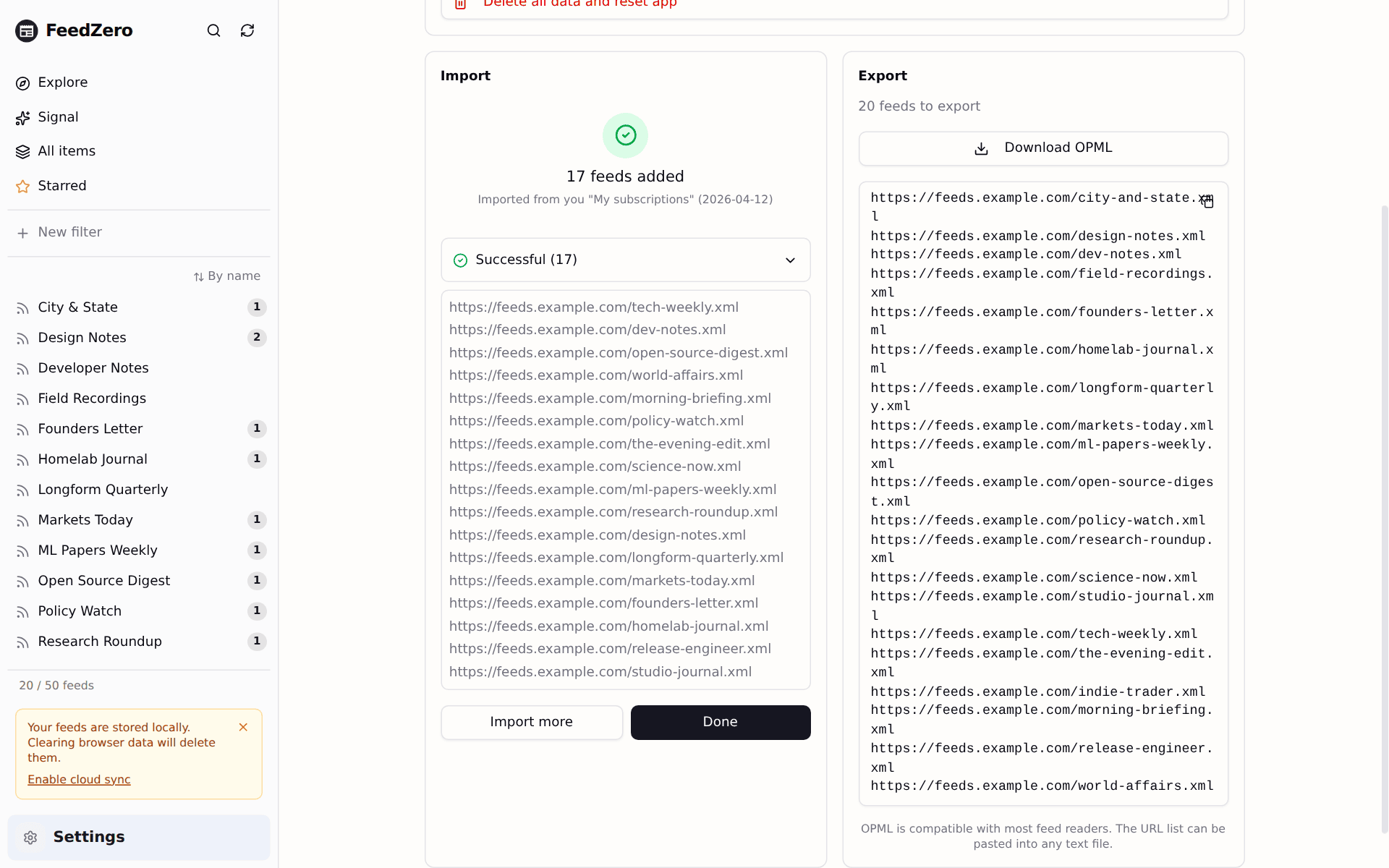 OPML import result, 17 feeds added, with the export panel alongside.