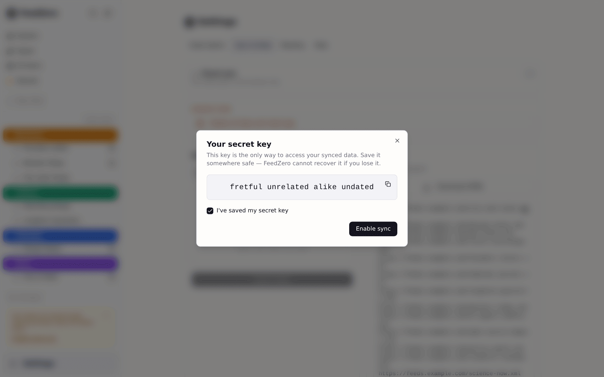 Cloud-sync setup showing the four-word recovery passphrase.