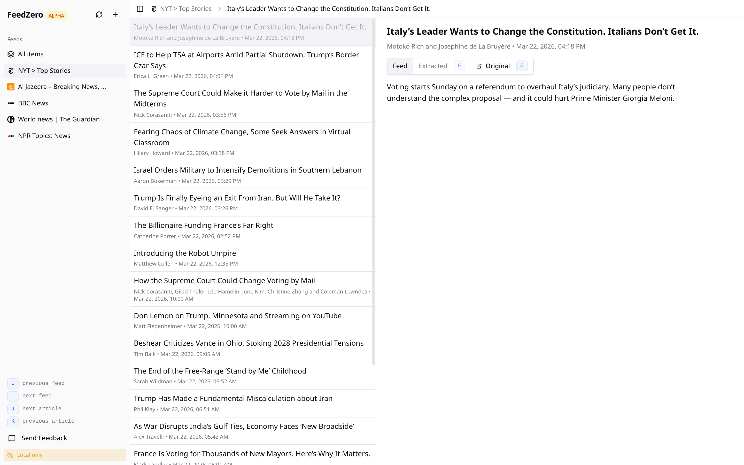 FeedZero showing a clean 3-panel RSS reader interface with feed list, article list, and reader